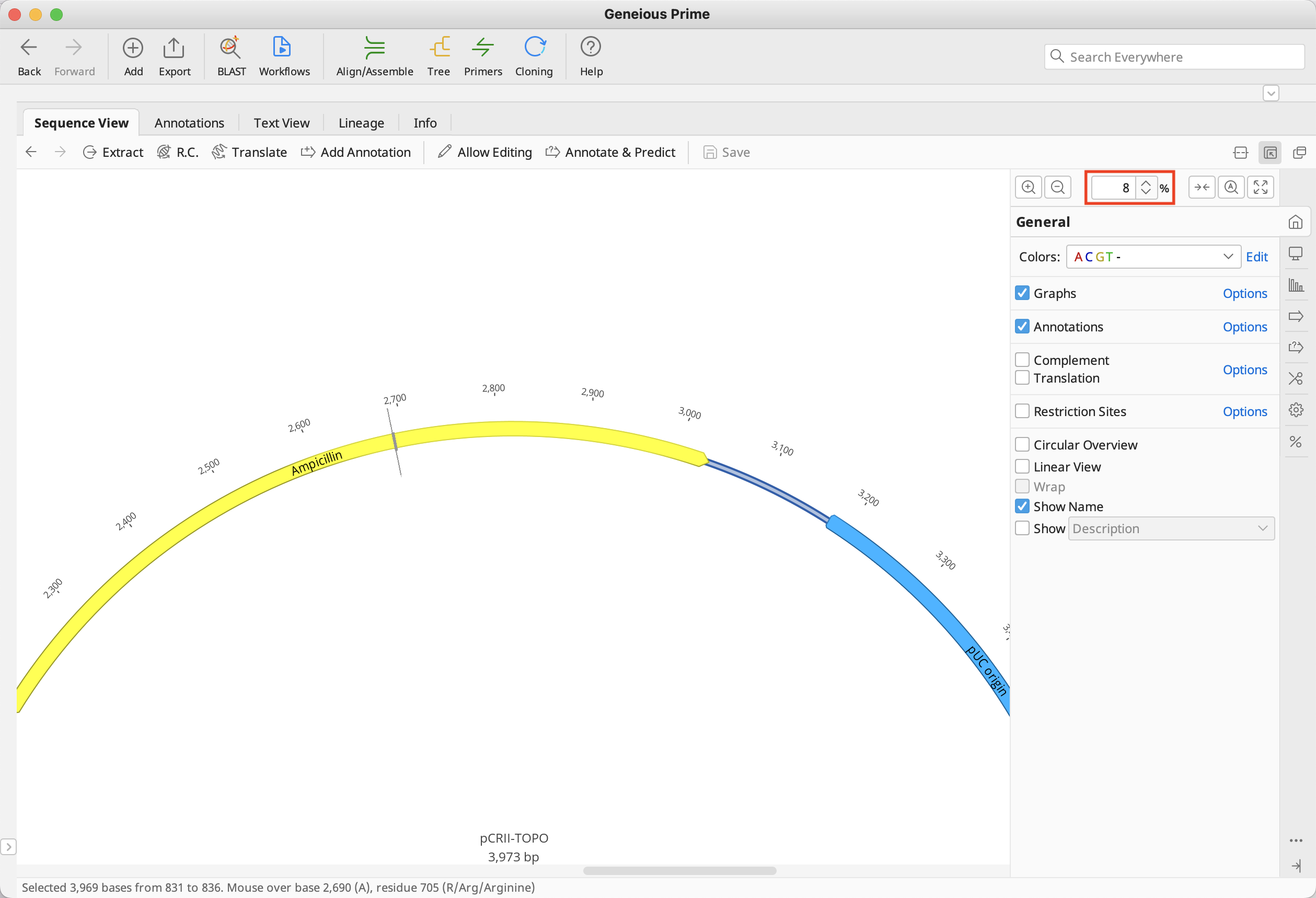 Geneious Prime_Sequence View_コントロールパネル_ズーム機能