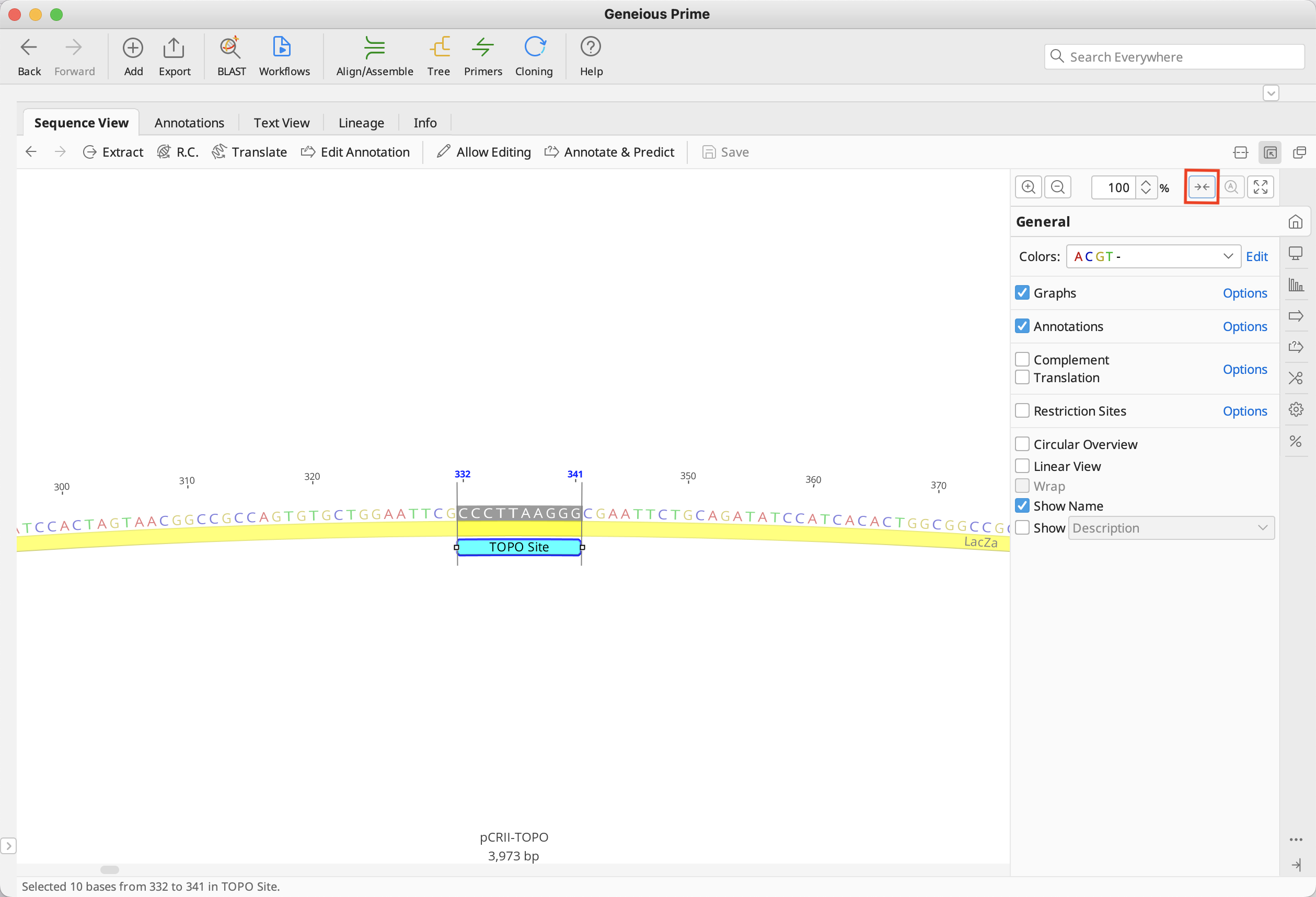 Geneious Prime_Sequence View_コントロールパネル_選択部分の拡大表示