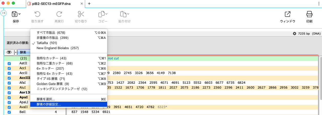 SnapGene_基本操作_酵素ビュー_酵素の詳細設定