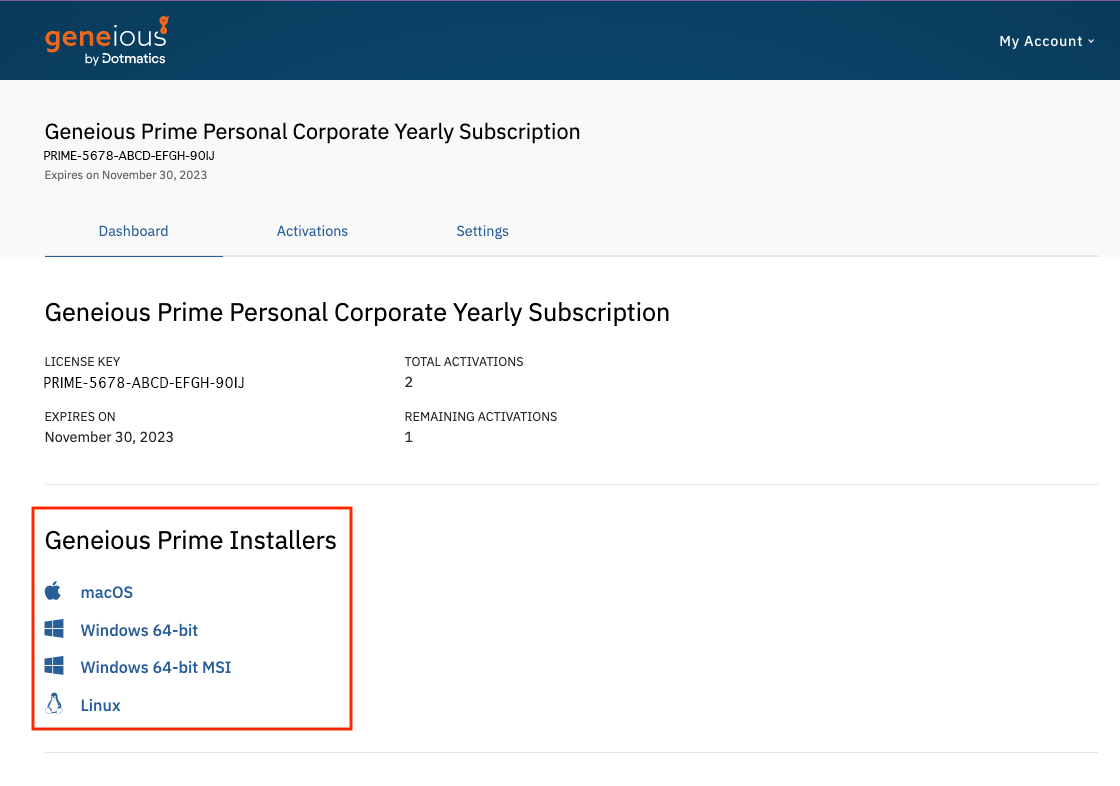 Geneious My Account ページ