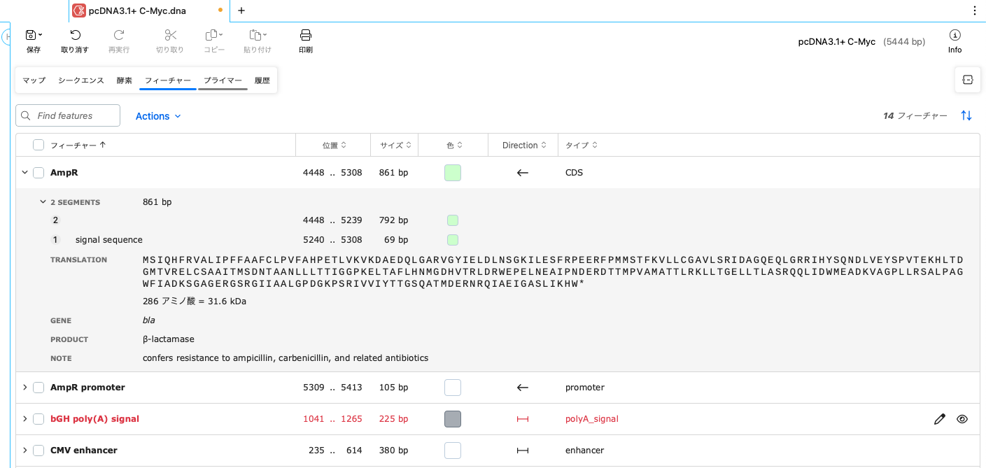 SnapGene_基本操作_フィーチャービュー