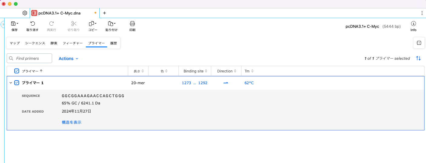 SnapGene_基本操作_プライマーの確認