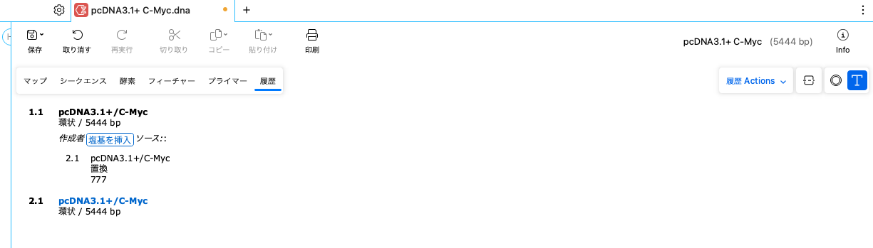 SnapGene_基本操作_履歴ビュー_テキスト形式